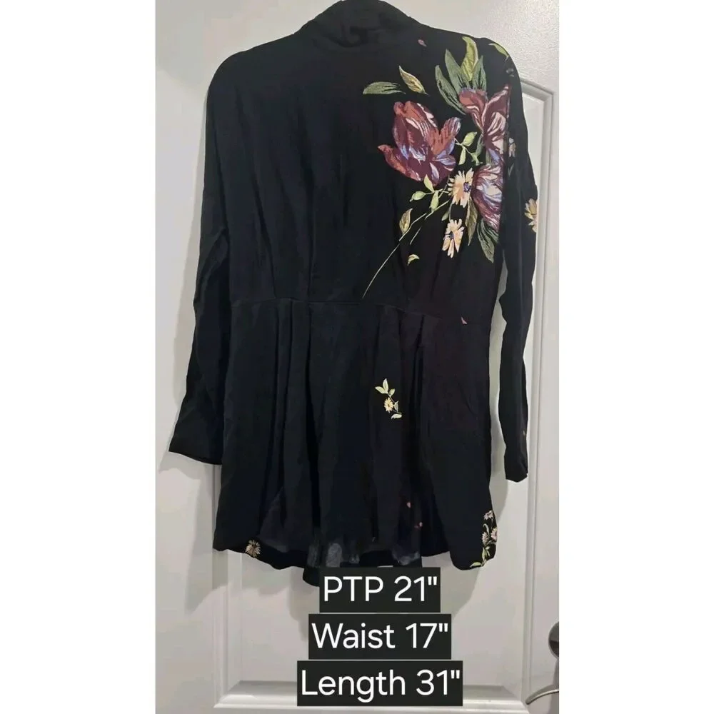 Free People Gemma Black Embroidered Floral Tie Open Back Tunic/Mini Dress Sz S‎